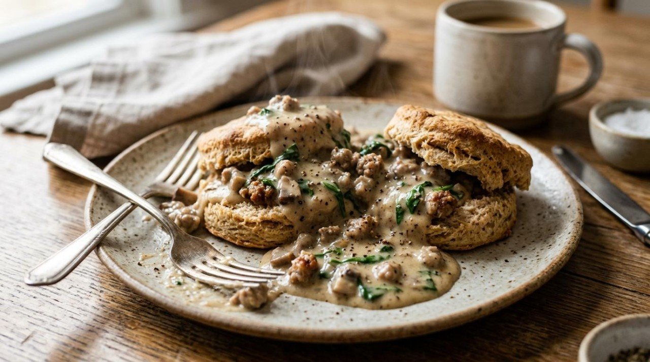 Healthier Biscuits and Sausage Gravy: Same Southern Breakfast, 25 More Points (28 to 53)