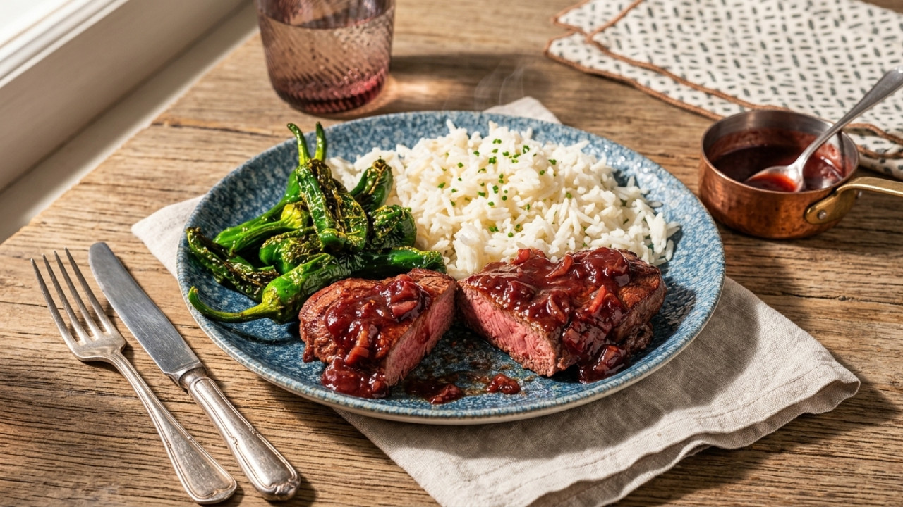 Beef in sweet shallot sauce with padrón peppers and rice