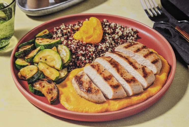 Turkey breast with carrot sauce, tricolor quinoa and zucchini