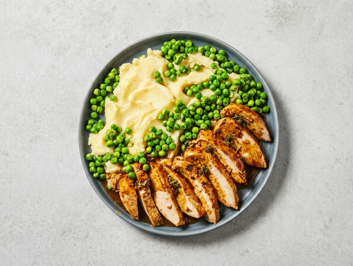Honey mustard chicken breast accompanied by mashed potatoes and peas