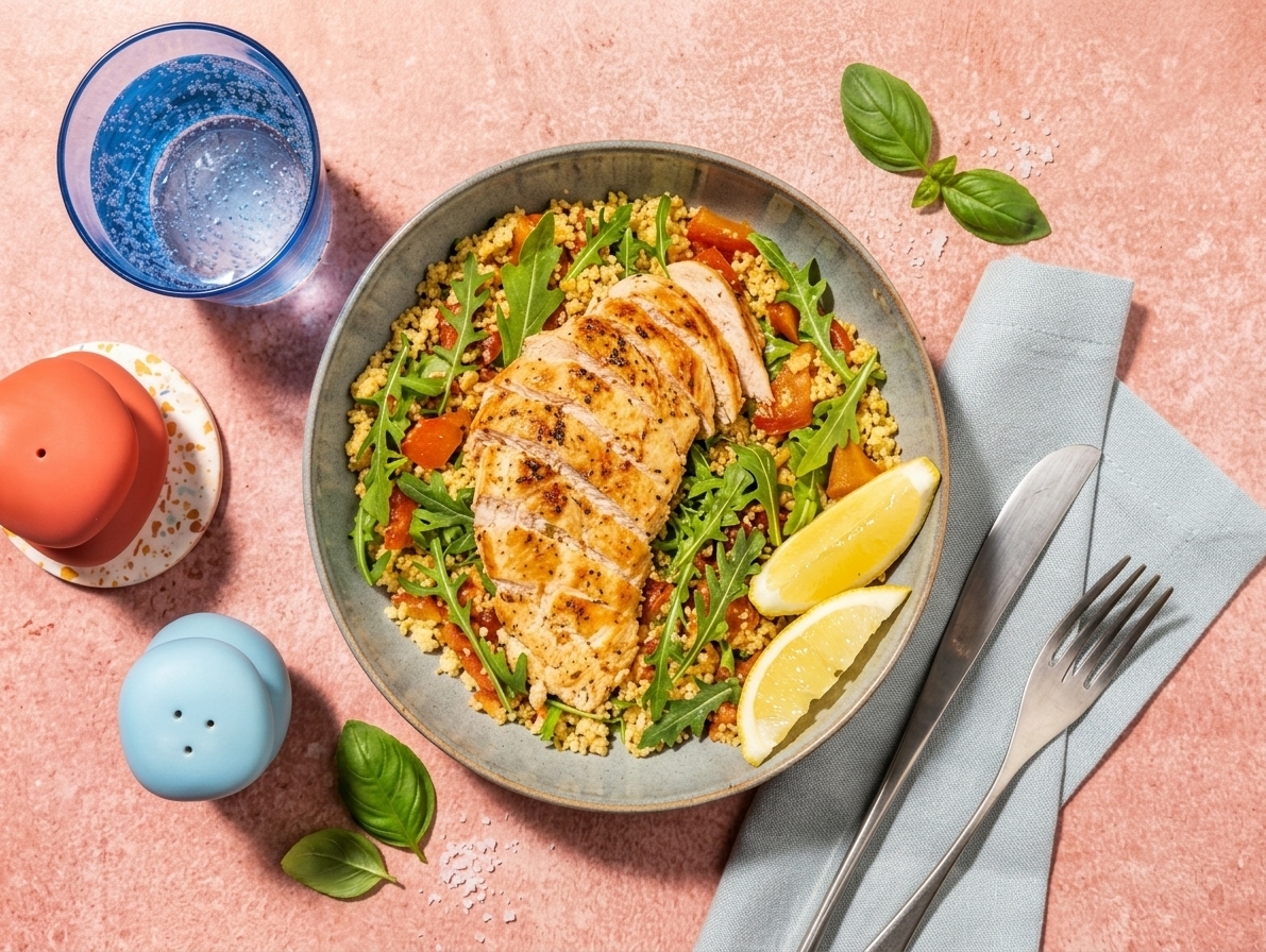 Pesto couscous with Italian-style chicken, tomato and lemon