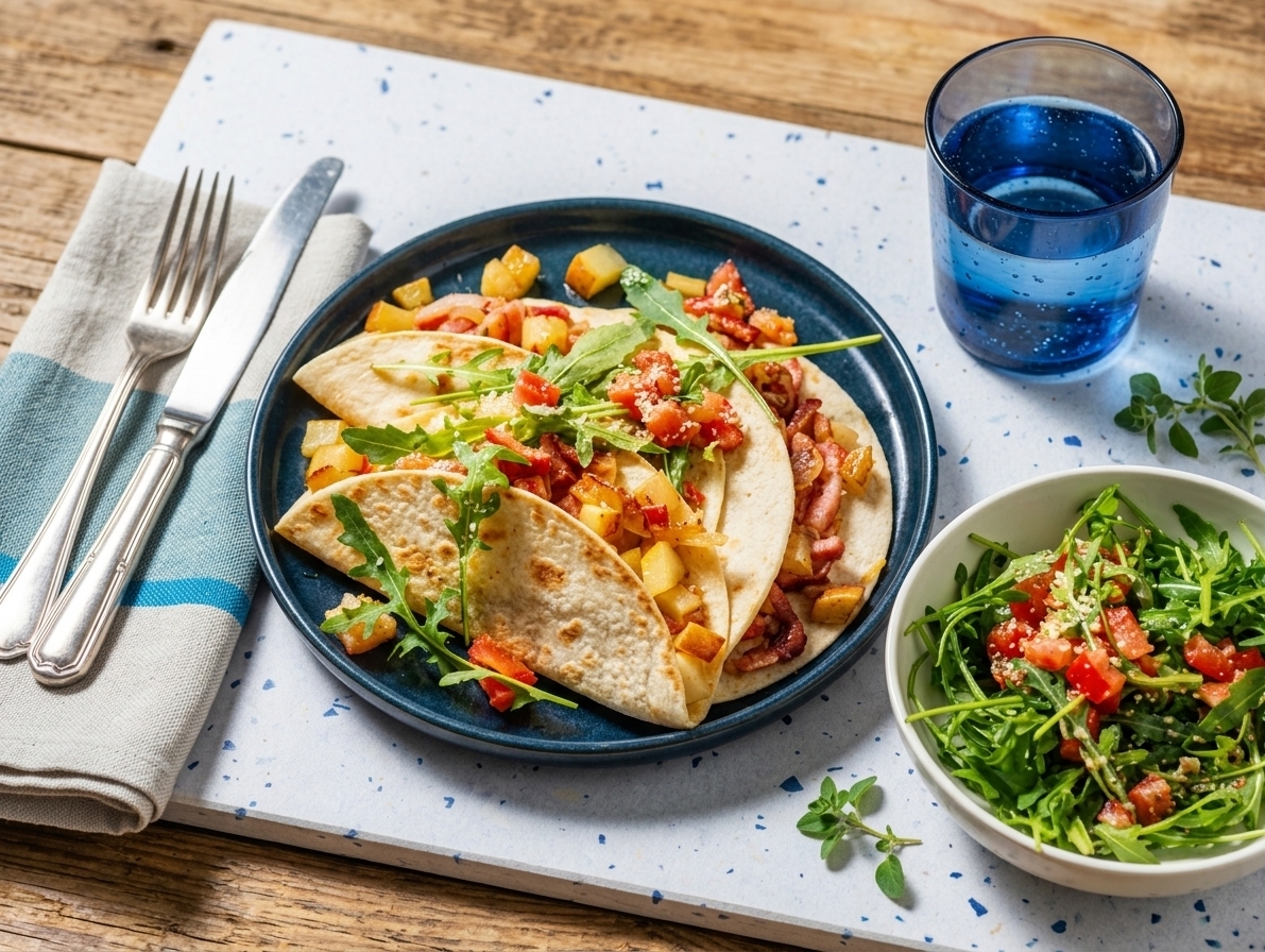 Bacon and Sautéed Pear Piadinas with Italian Pecorino Salad