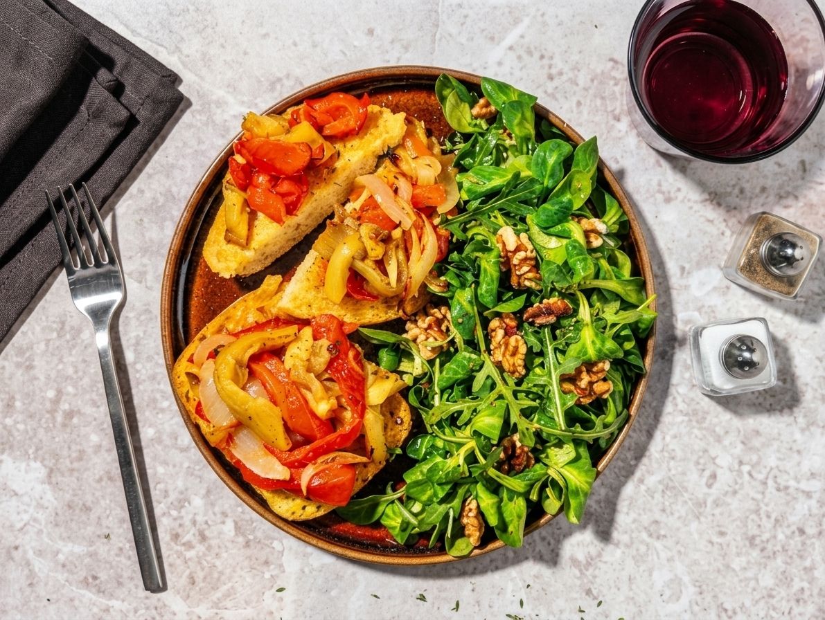 Escalivada with thyme bread and arugula and lamb's lettuce salad