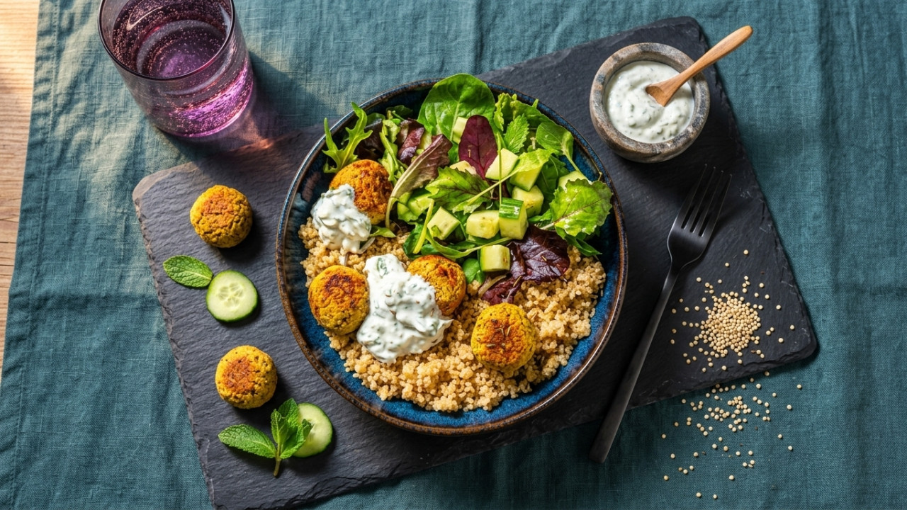 Falafel with quinoa and homemade tzatziki with cucumber salad
