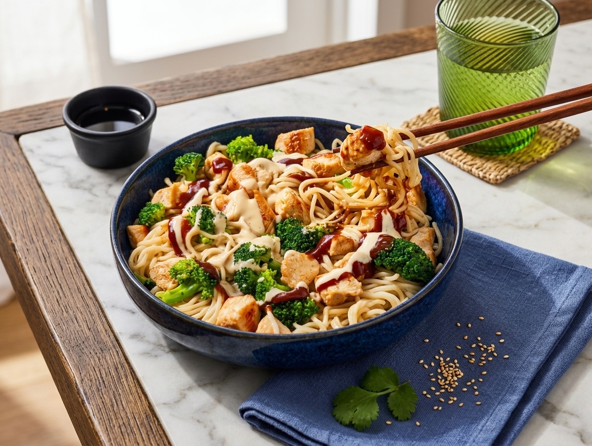 Asian noodles with chicken and broccoli