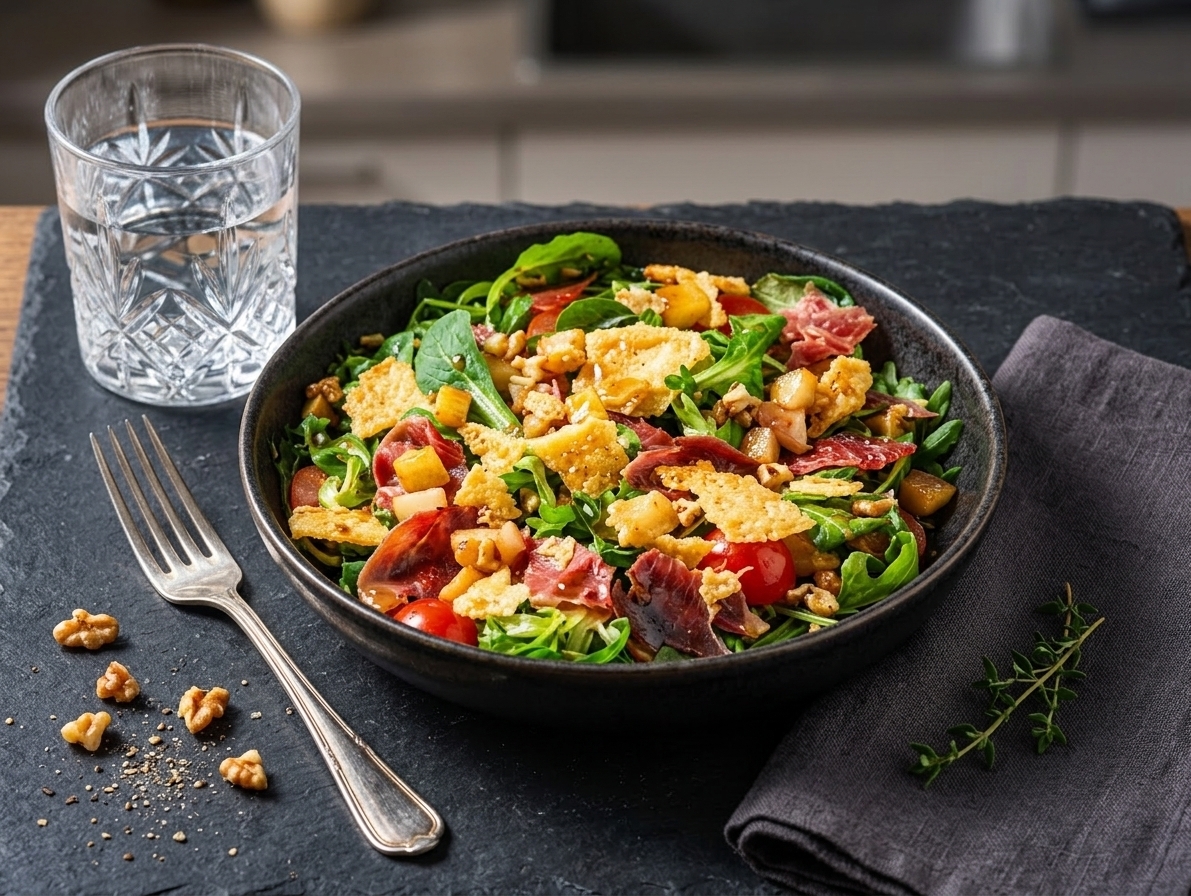 Salad with crispy Serrano ham and cheese