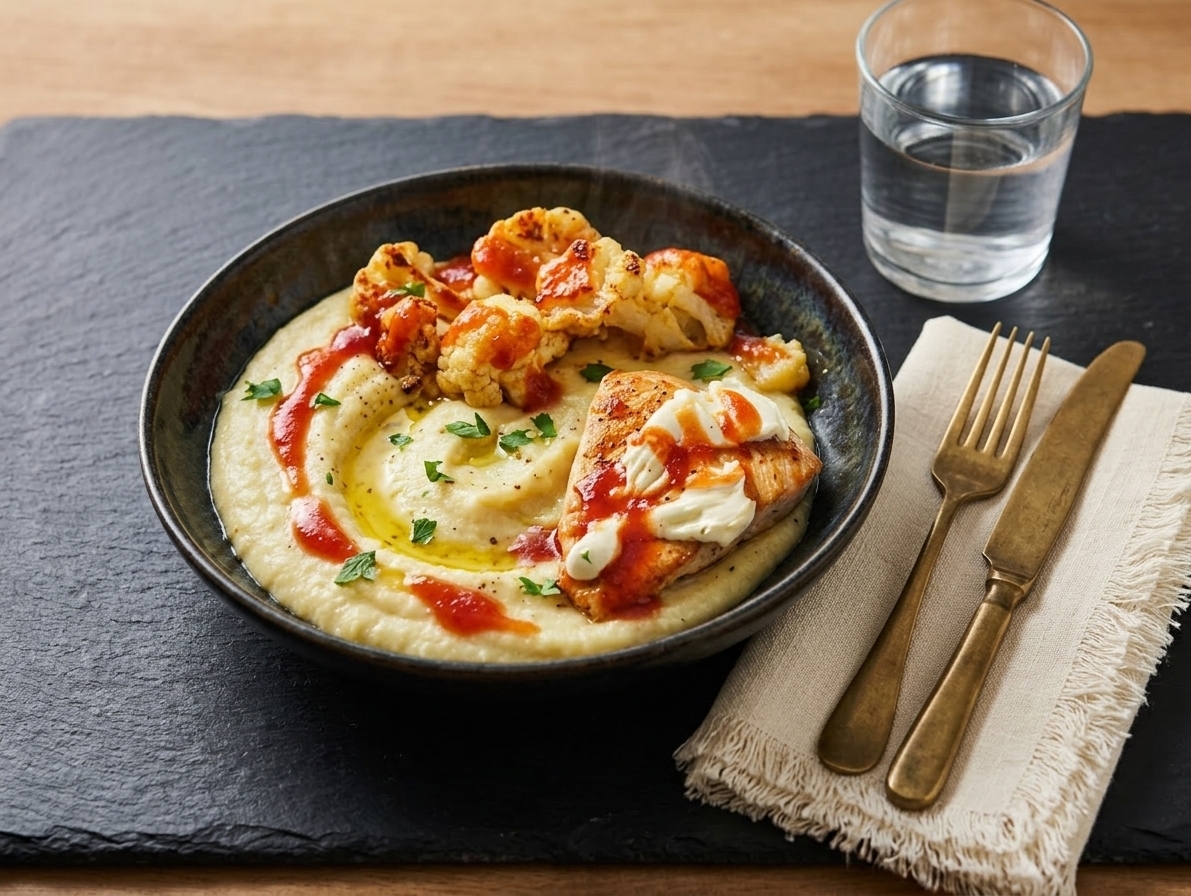 Chicken with quince sauce with cauliflower and potato puree