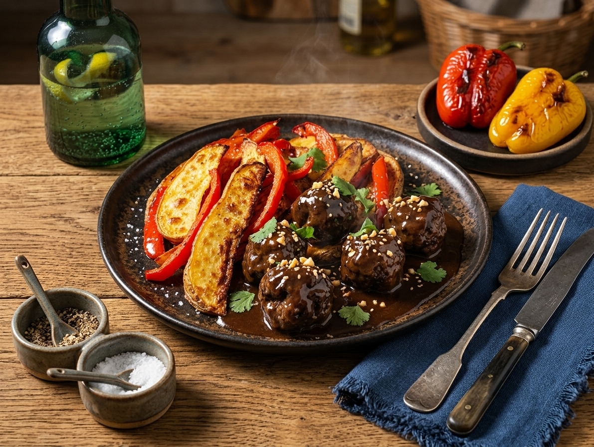 Meatballs with Asian-style sauce, potatoes and roasted peppers