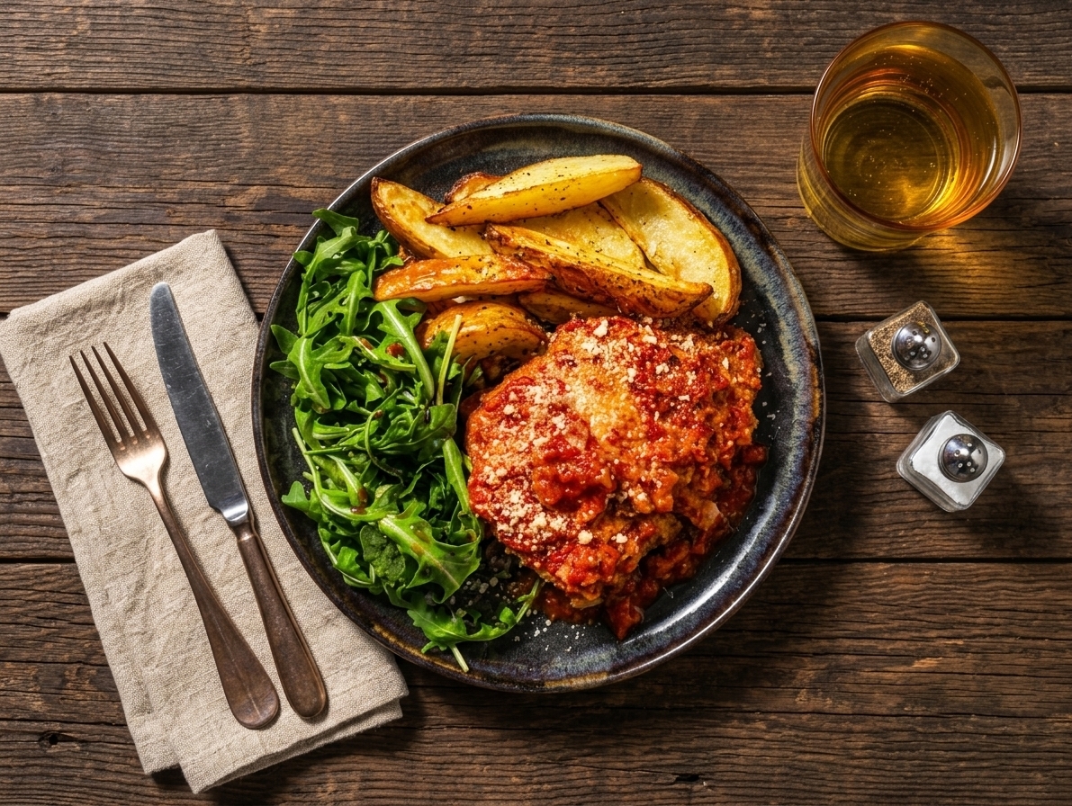Chicken parmigiana with oven-roasted potatoes and arugula salad