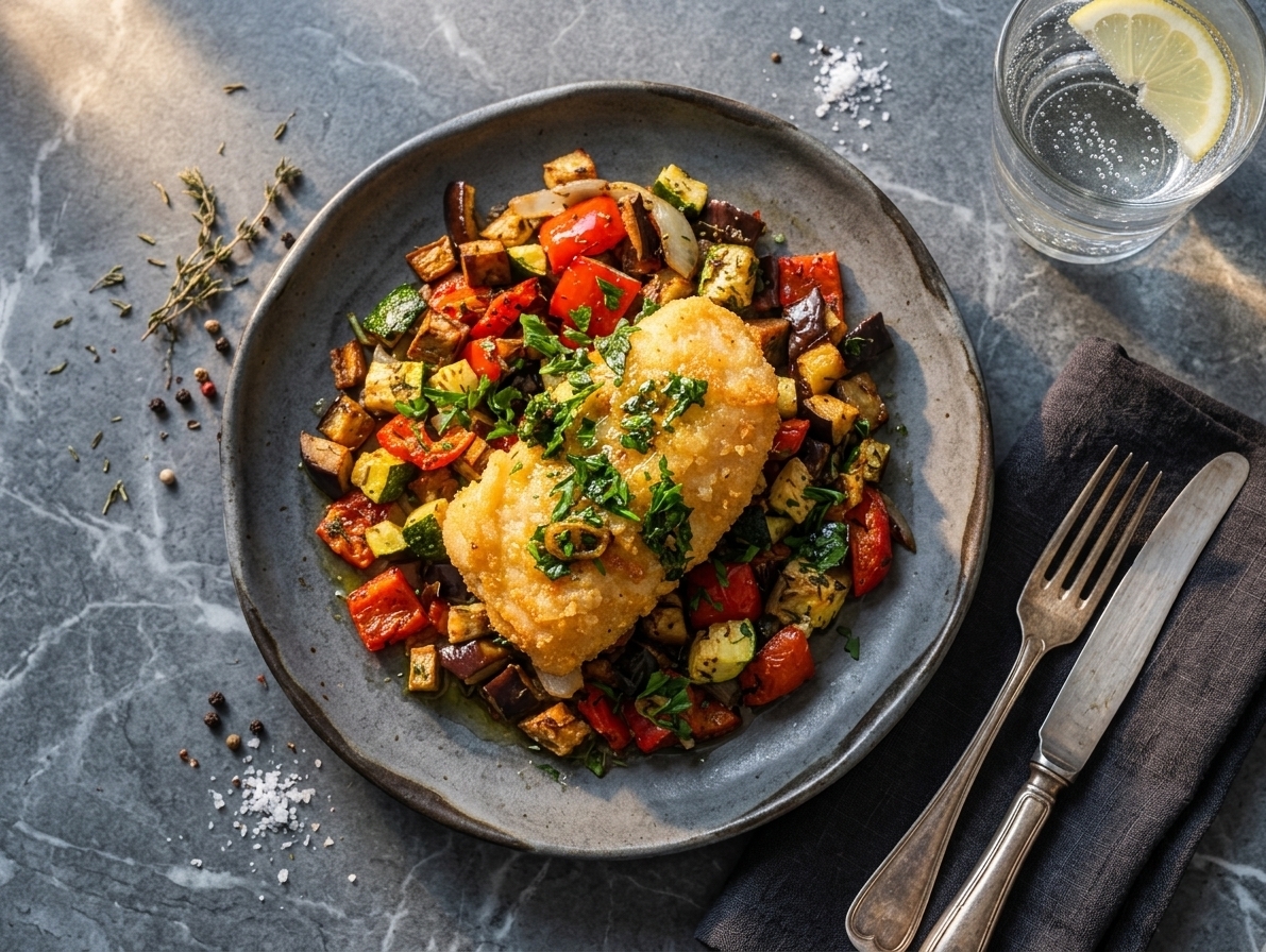 Crispy cod with garlic and parsley oil over roasted vegetables