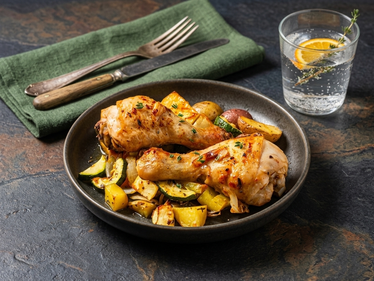 Orange roasted chicken drumsticks with vegetables and potatoes