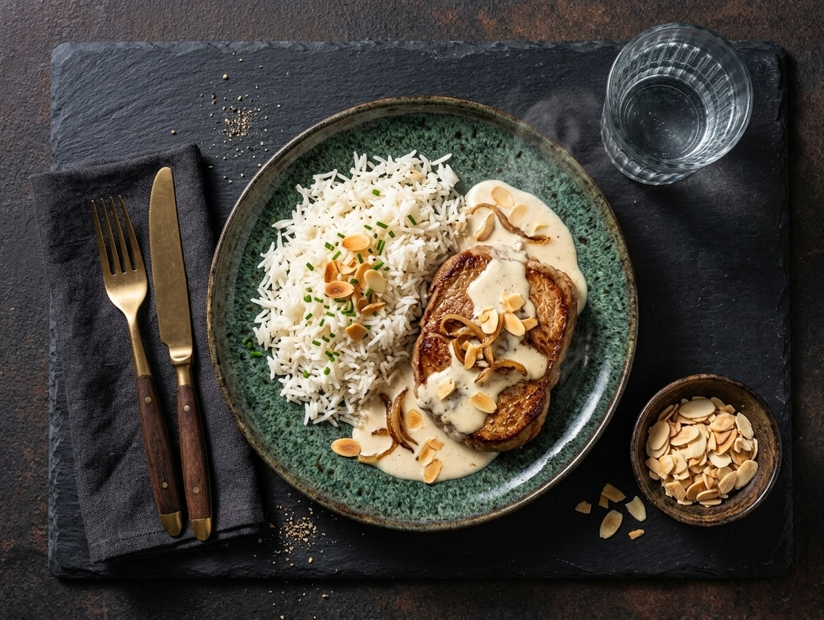 Beef in almond sauce with caramelized onion and rice