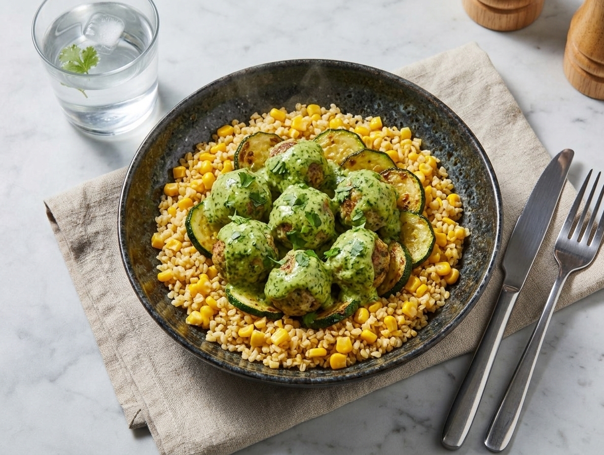 Meatballs with zucchini and cilantro sauce over bulgur with sweet corn