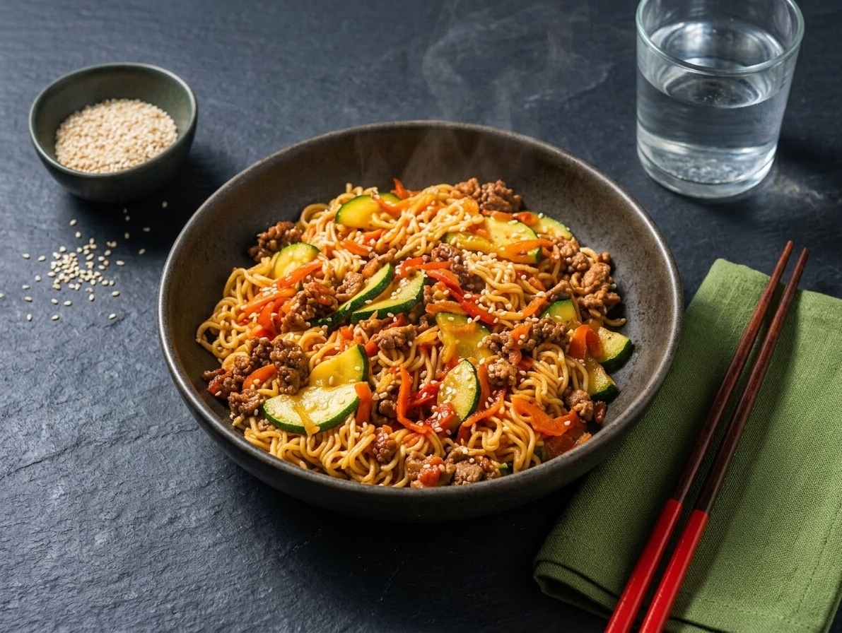 Quick wok of noodles and beef with vegetables and sesame seeds