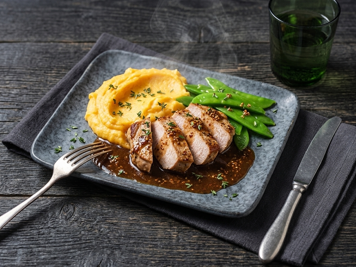 Pork loin with homemade jus sauce with snap peas and carrot and potato purée