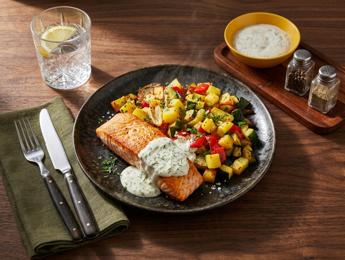 Salmon with vegetable pisto, roasted potatoes and dill mayonnaise