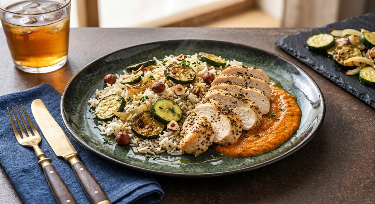 Thyme chicken with homemade romesco sauce