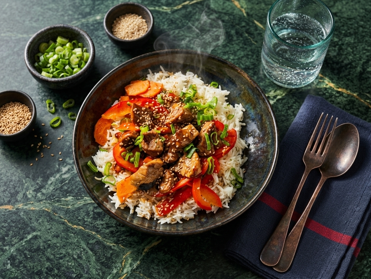 Asian-Style Pork in Sweet Sauce with Sautéed Vegetables and Basmati Rice