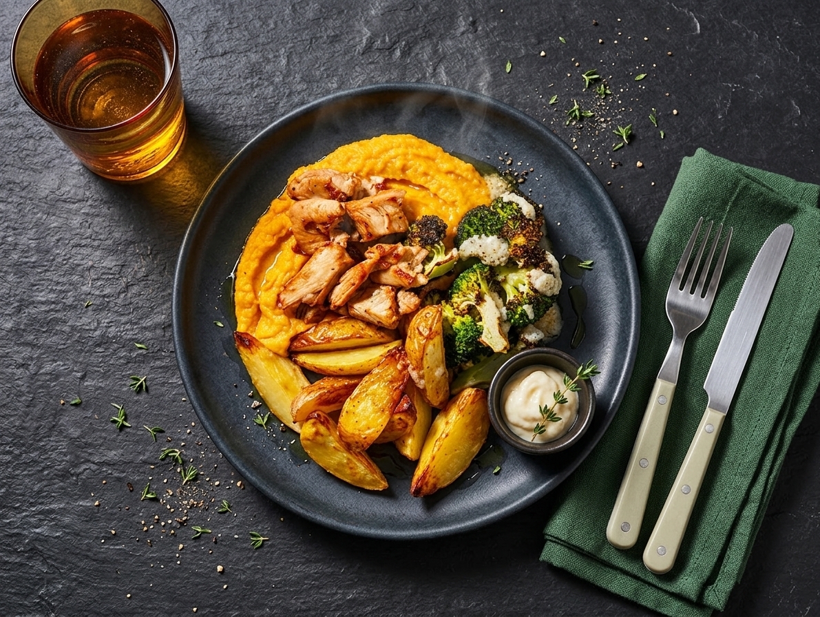 Heura in homemade carrot sauce with broccoli and roasted potatoes with pecorino sauce