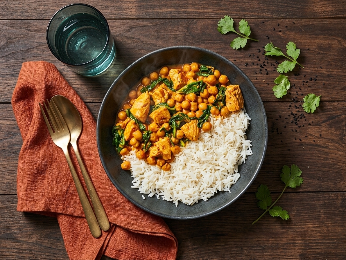 Quick chicken and chickpea curry with spinach over jasmine rice