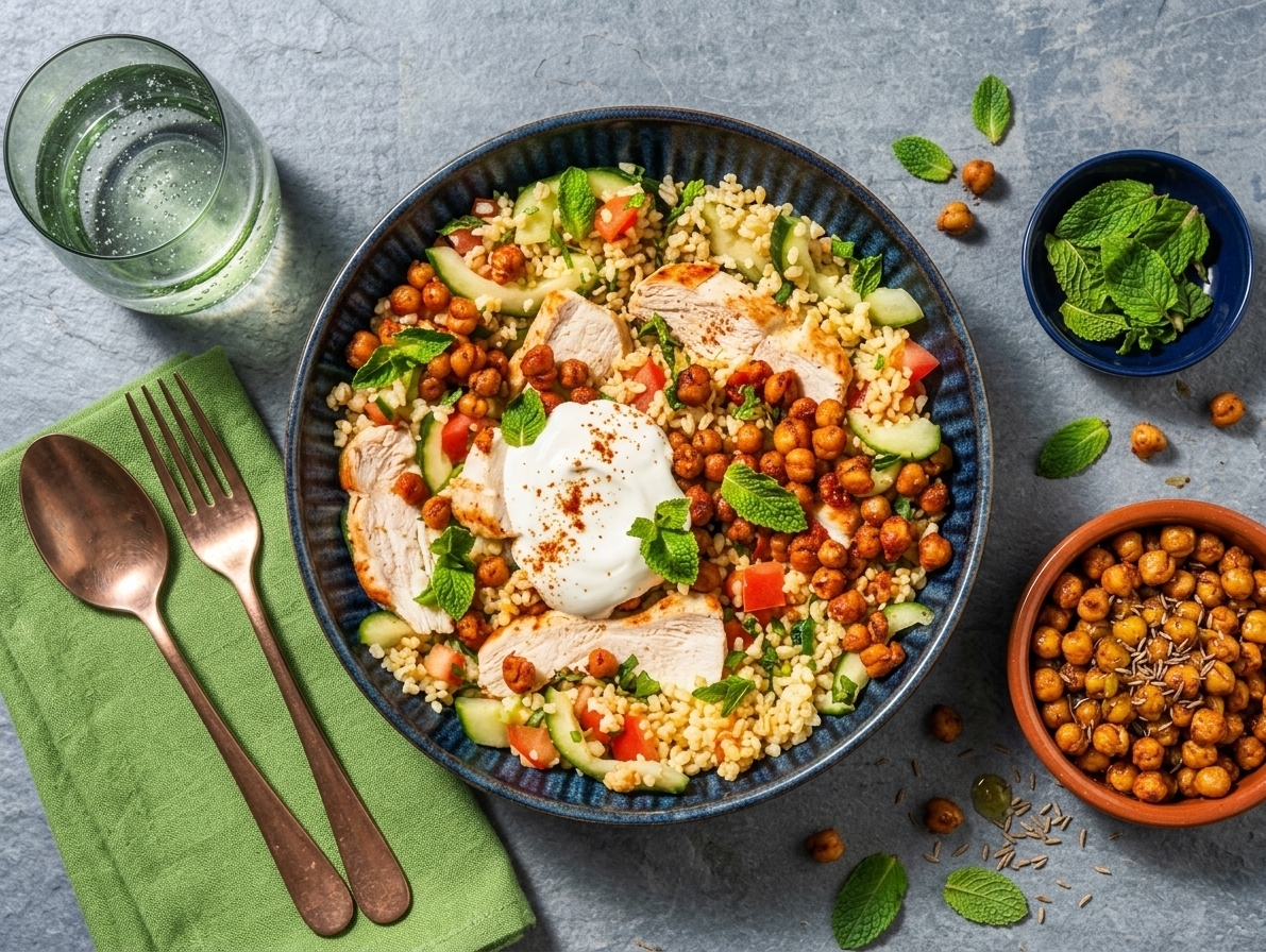 Greek chicken and roasted chickpea bowl