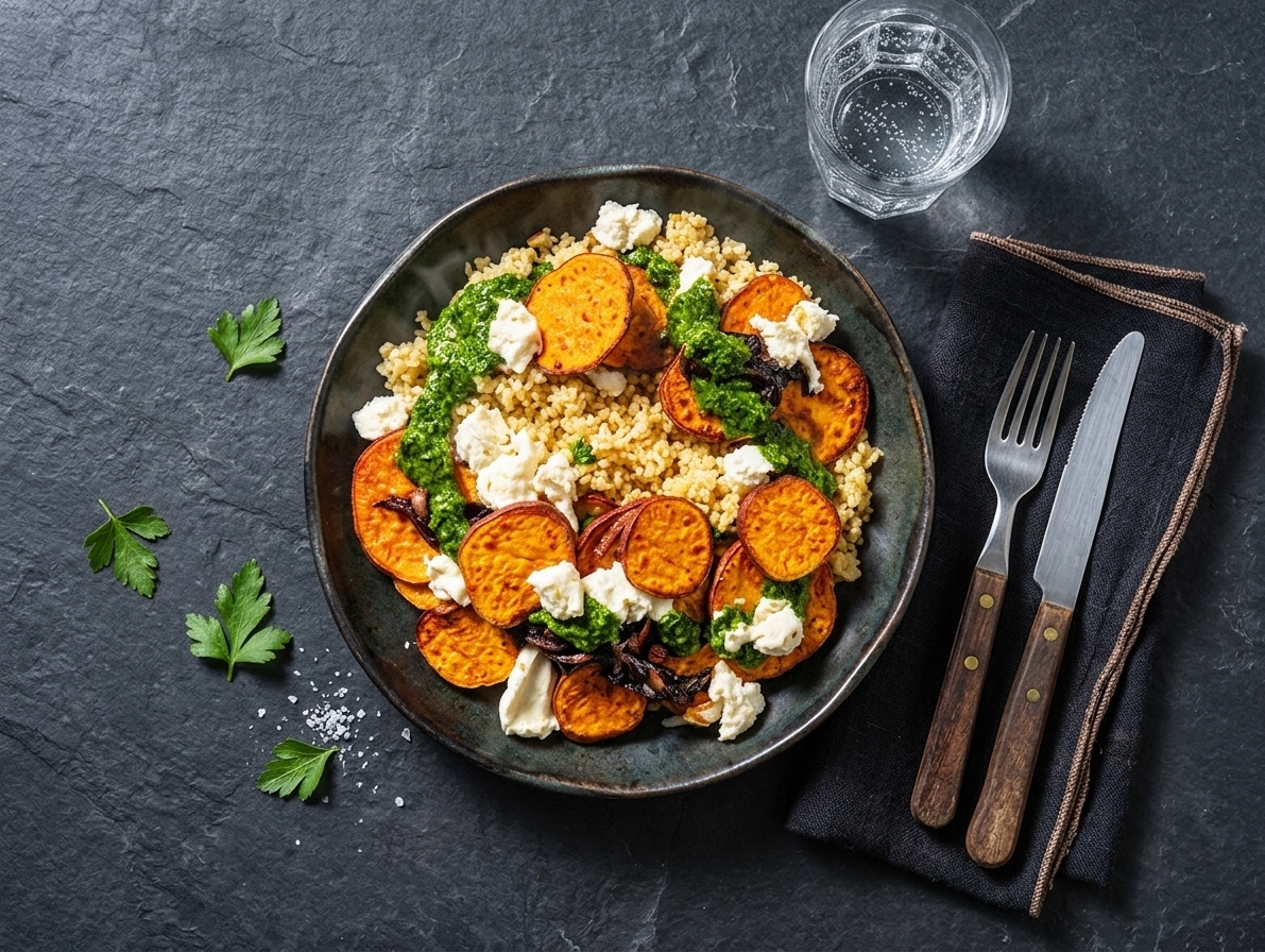 Roasted sweet potato with caramelized shallot and mozzarella
