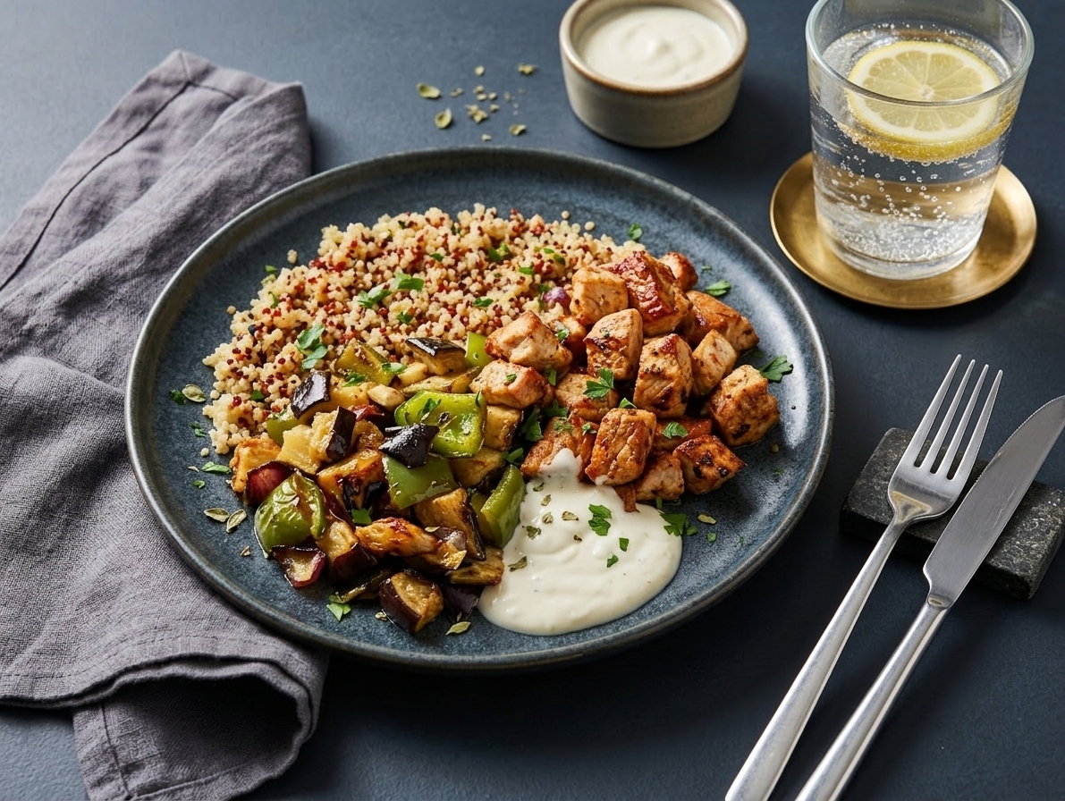 Citrus-marinated pork with roasted eggplant