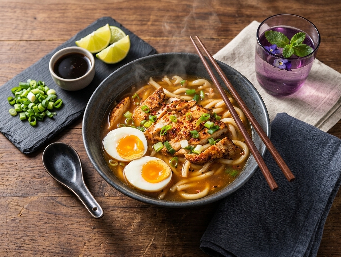 Asian chicken soup with udon noodles