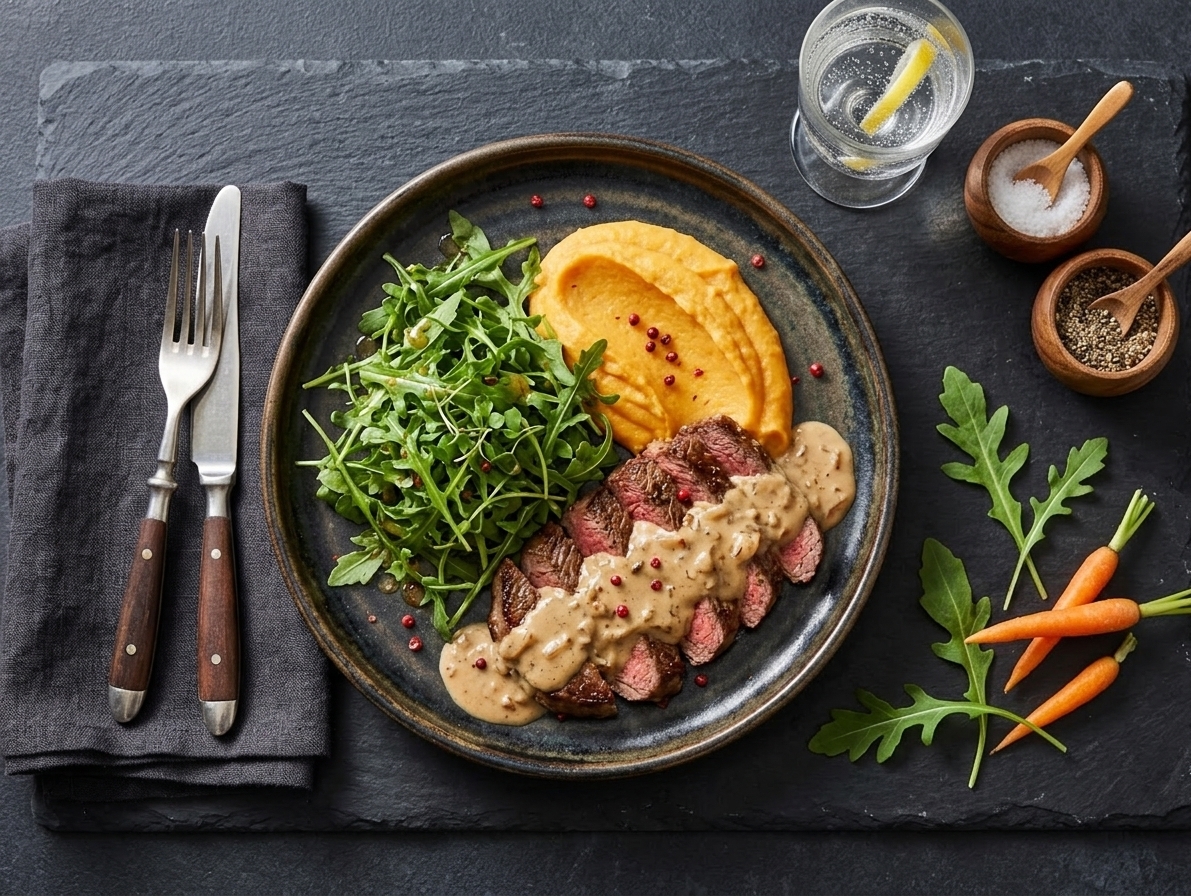 Beef in creamy onion sauce with salad and potato and carrot purée