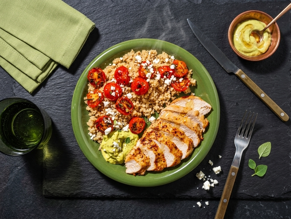 Honey Chicken with Avocado Cream accompanied by Quinoa with sautéed Cherry Tomatoes