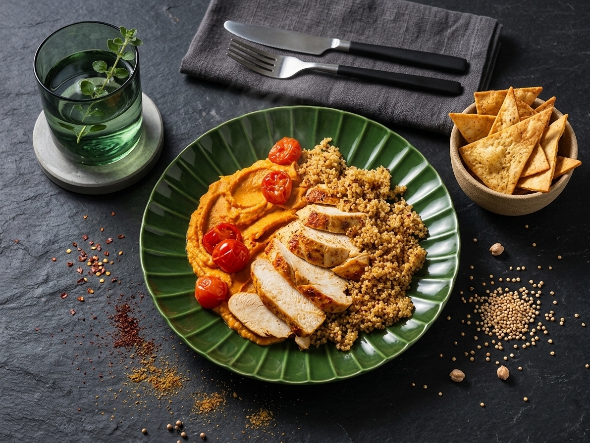 Marinated chicken with cherry tomato hummus, crispy quinoa and homemade tortilla chips