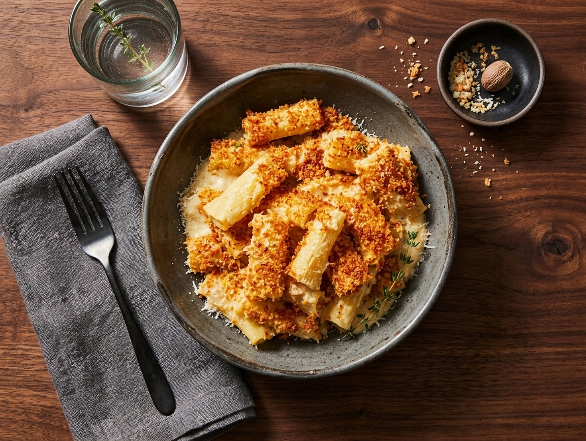 Rigatoni with Panko and Nutmeg Crust in Mac and Cheese–Style Cheese Sauce