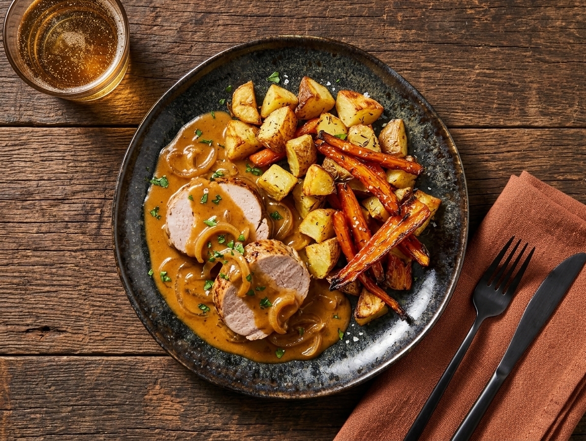 Pork tenderloin in creamy onion sauce with carrots and roasted potatoes