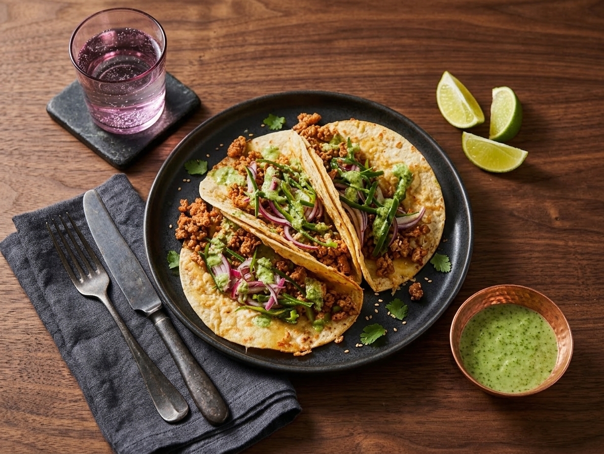 Pork tacos with jalapeño sauce, onion and pickled jalapeños