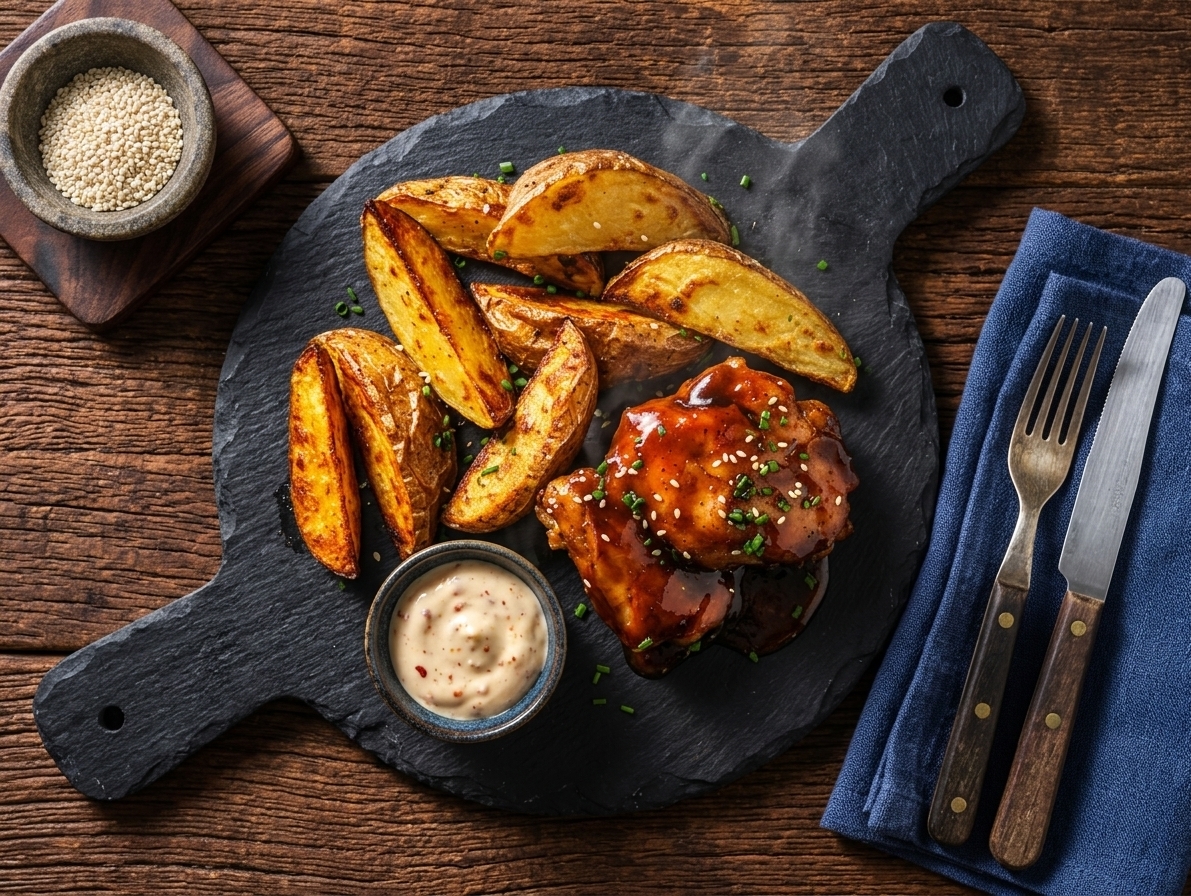 Hoisin-Glazed Chicken Thigh with Oven-Baked Potatoes and Sweet Chili Mayonnaise