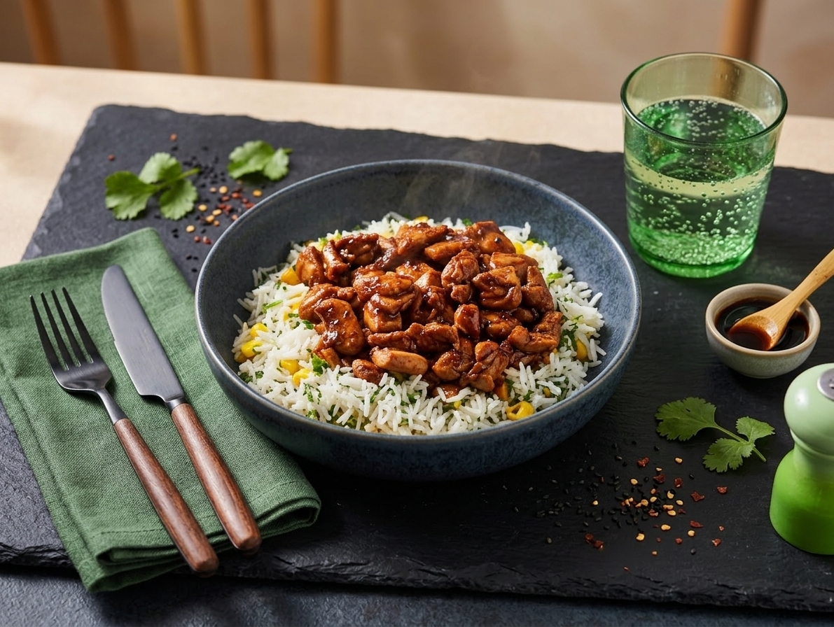 Chicken thigh in oriental barbecue sauce over basmati rice with corn and cilantro