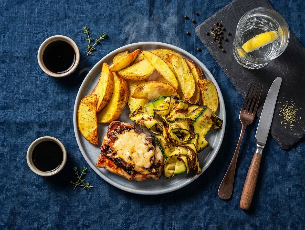 Pork loin with caramelized onions and cheese served with potatoes and thyme zucchini ribbons