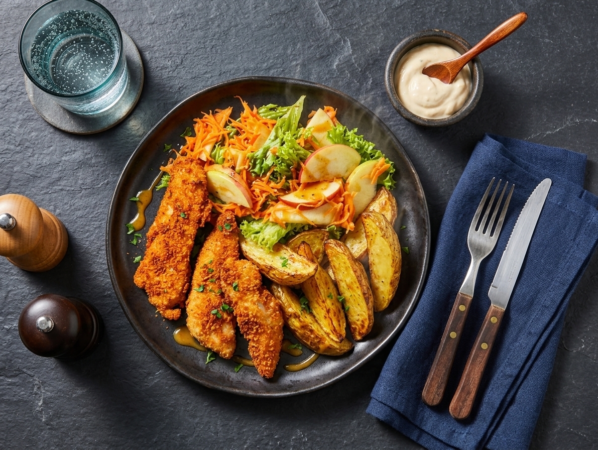 Crispy BBQ Chicken with Baked Potatoes, Apple Salad and Aioli