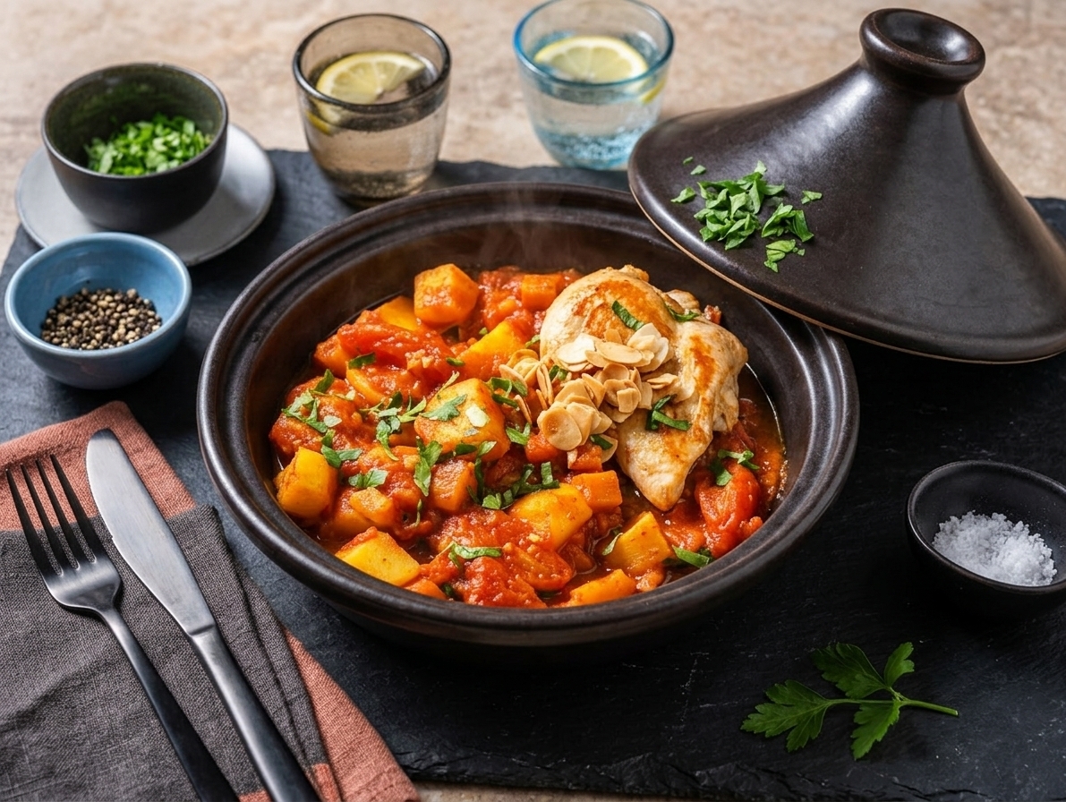 Chicken breast with sliced almonds on Moroccan-style vegetable stew