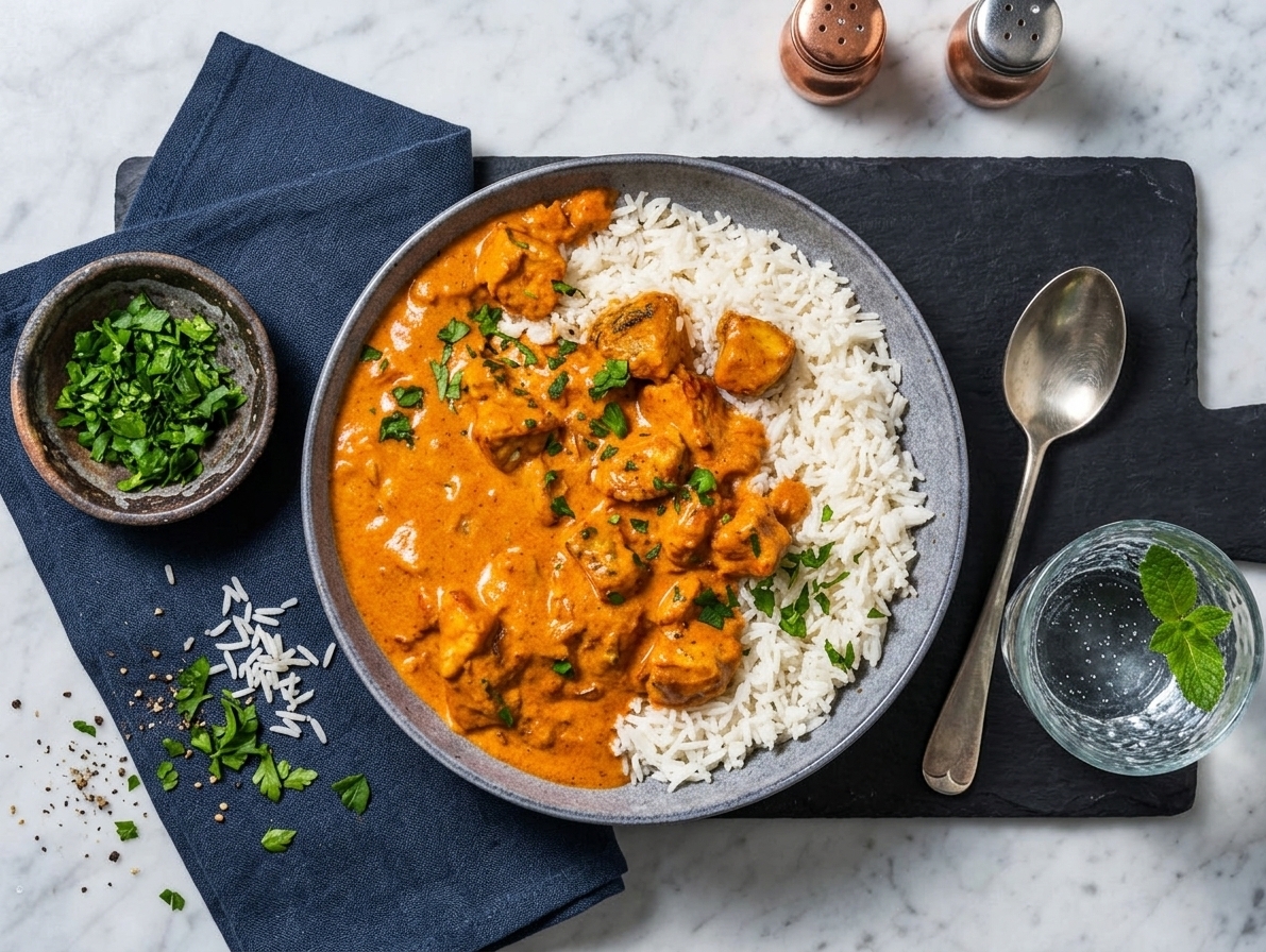 Mild hake curry accompanied by basmati rice and parsley