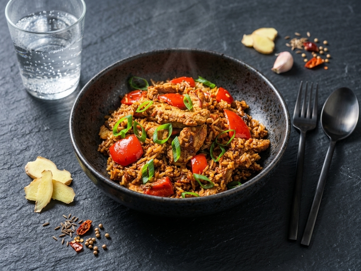 Fried rice with pork loin and vegetables in soy sauce