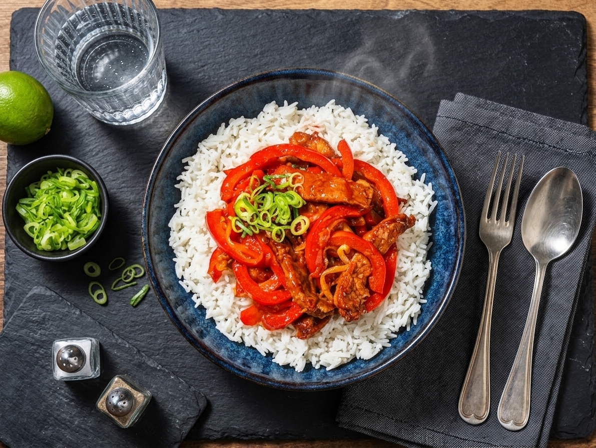 Chinese-style sweet and sour pork with vegetables and basmati rice