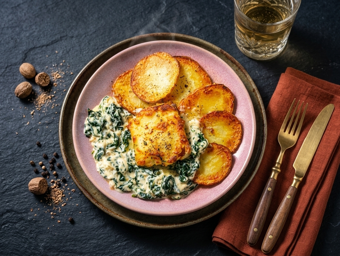 Oven-baked cod with gratinated aioli accompanied by creamed spinach and pan-fried potatoes