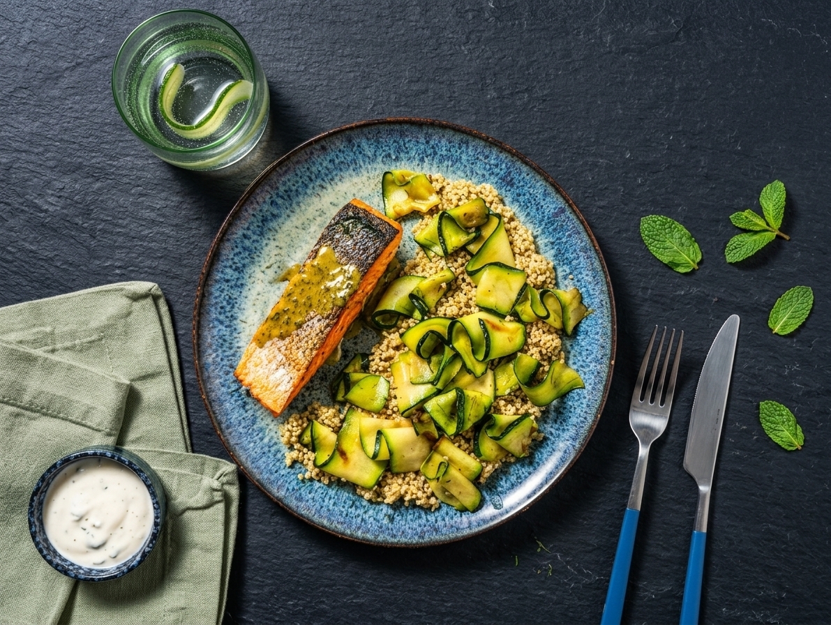 Salmon with Yogurt and Mint Sauce Accompanied by Quinoa in Dill Vinaigrette