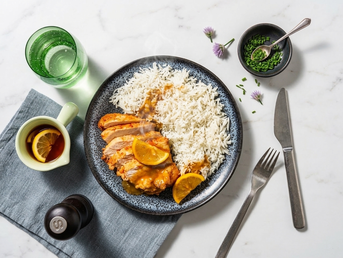 Breaded chicken with homemade lemon sauce accompanied by basmati rice