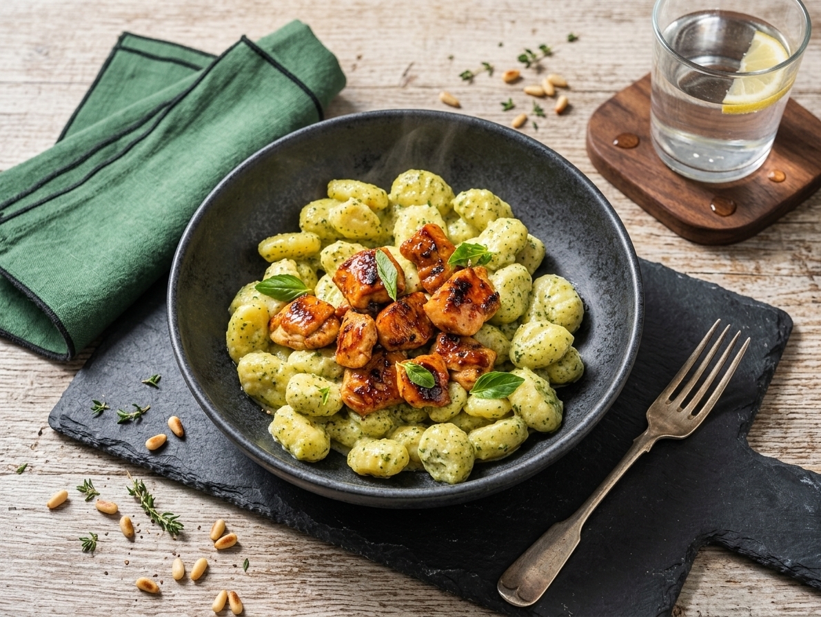 Gnocchi in basil sauce with chicken with honey and thyme dressing