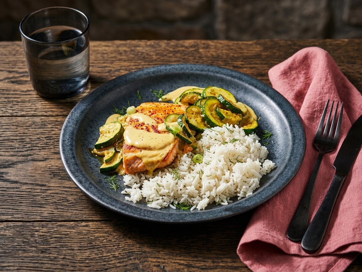 Mustard Salmon with Zucchini Accompanied by Basmati Rice