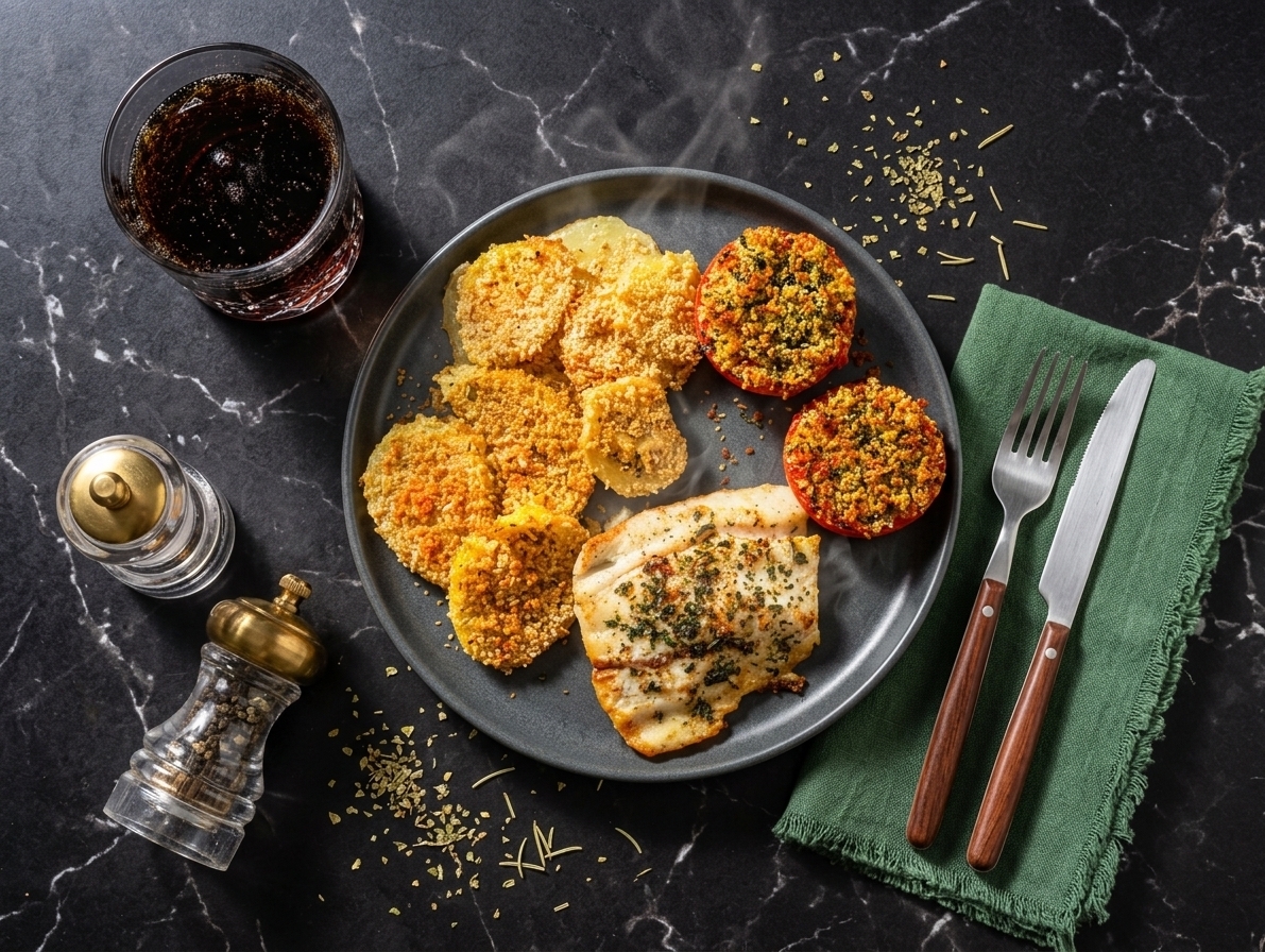 Baked hake with Italian spices accompanied by potato gratin and roasted tomatoes