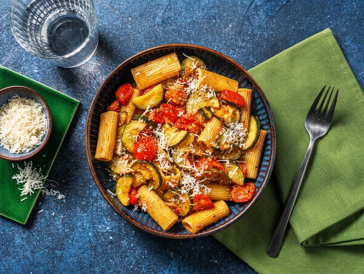 Rigatoni with pesto and zucchini accompanied by cherry tomatoes and grated Italian cheese