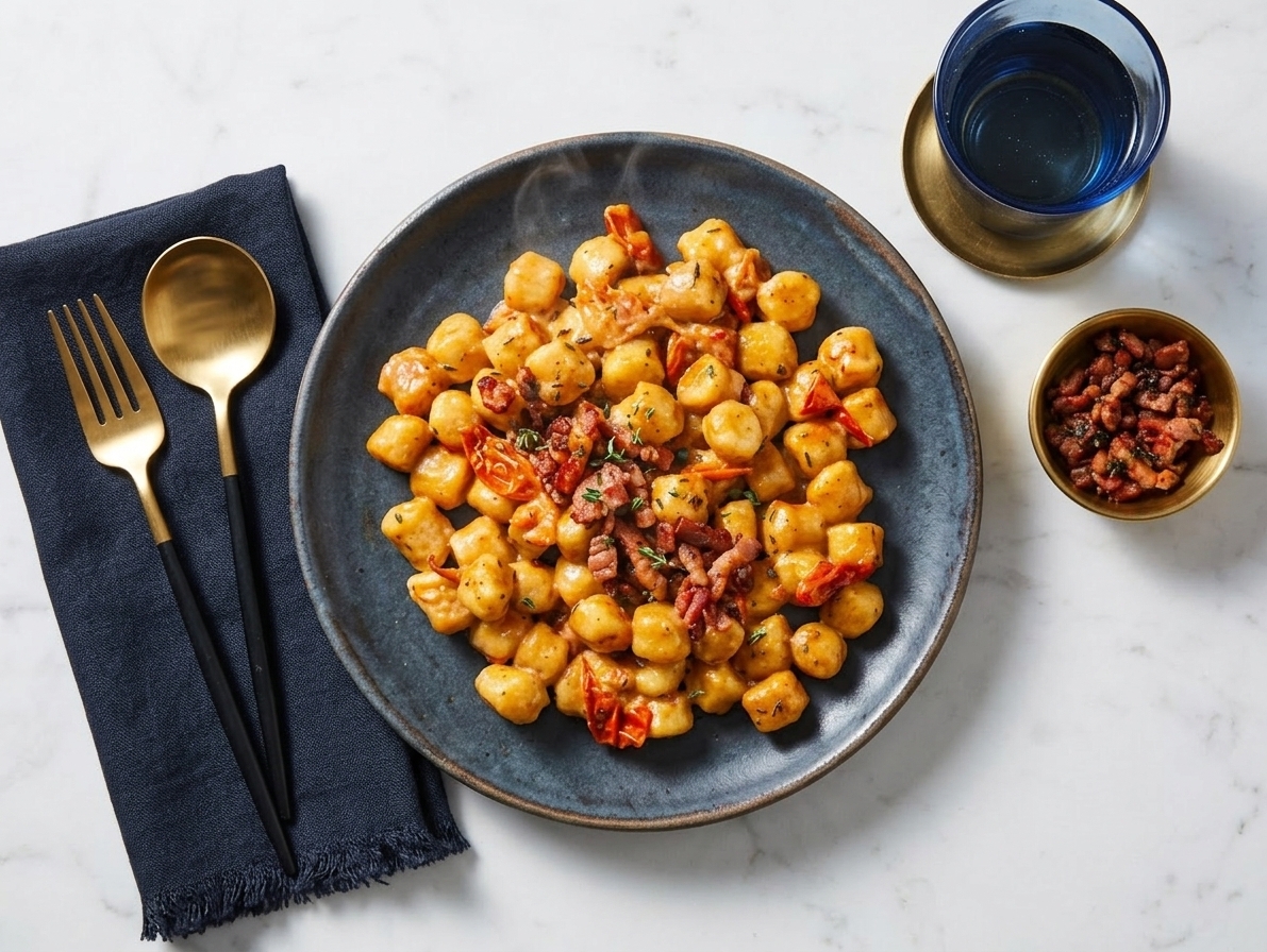 Gnocchi with bacon vinaigrette and cherry tomatoes in thyme cheese sauce